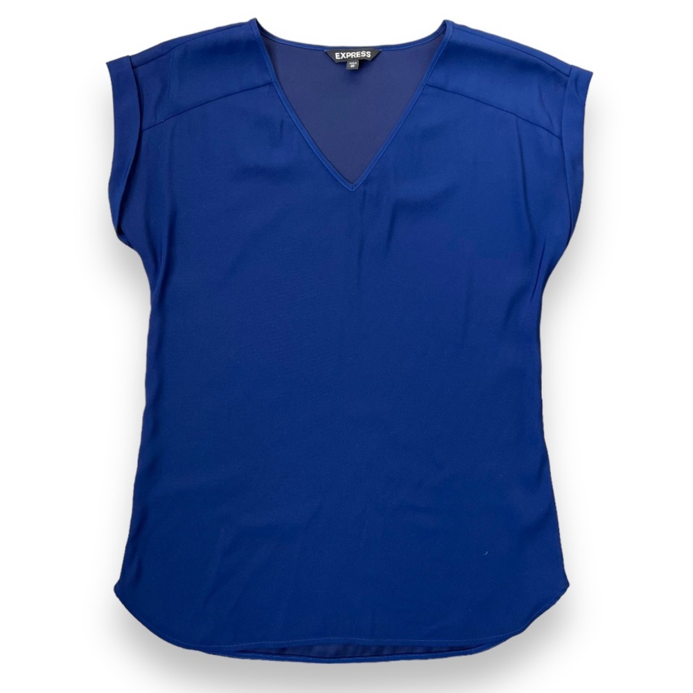 Express Satin V-Neck Cuffed Short Sleeve Blouse in Navy | Size XS
